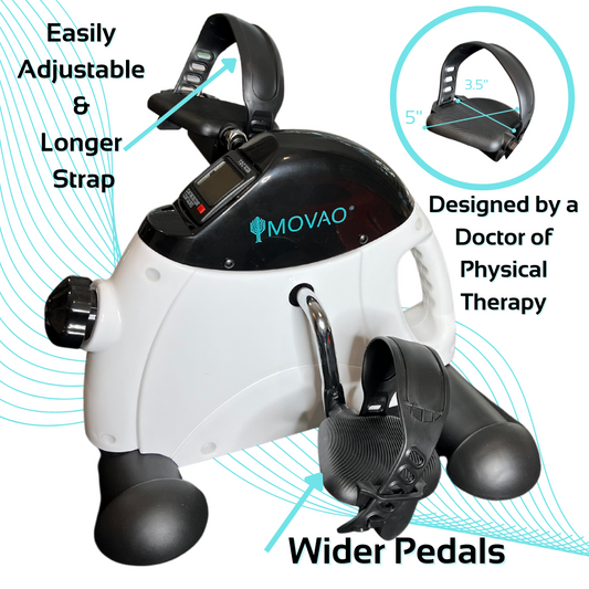 Sideview of the MOVAO Under Desk Bike.  Features easily adjustable and longer straps than competitors as well as wider pedals.  It was also designed by a doctor of physical therapy and has a heavier wheel to prevent sliding.